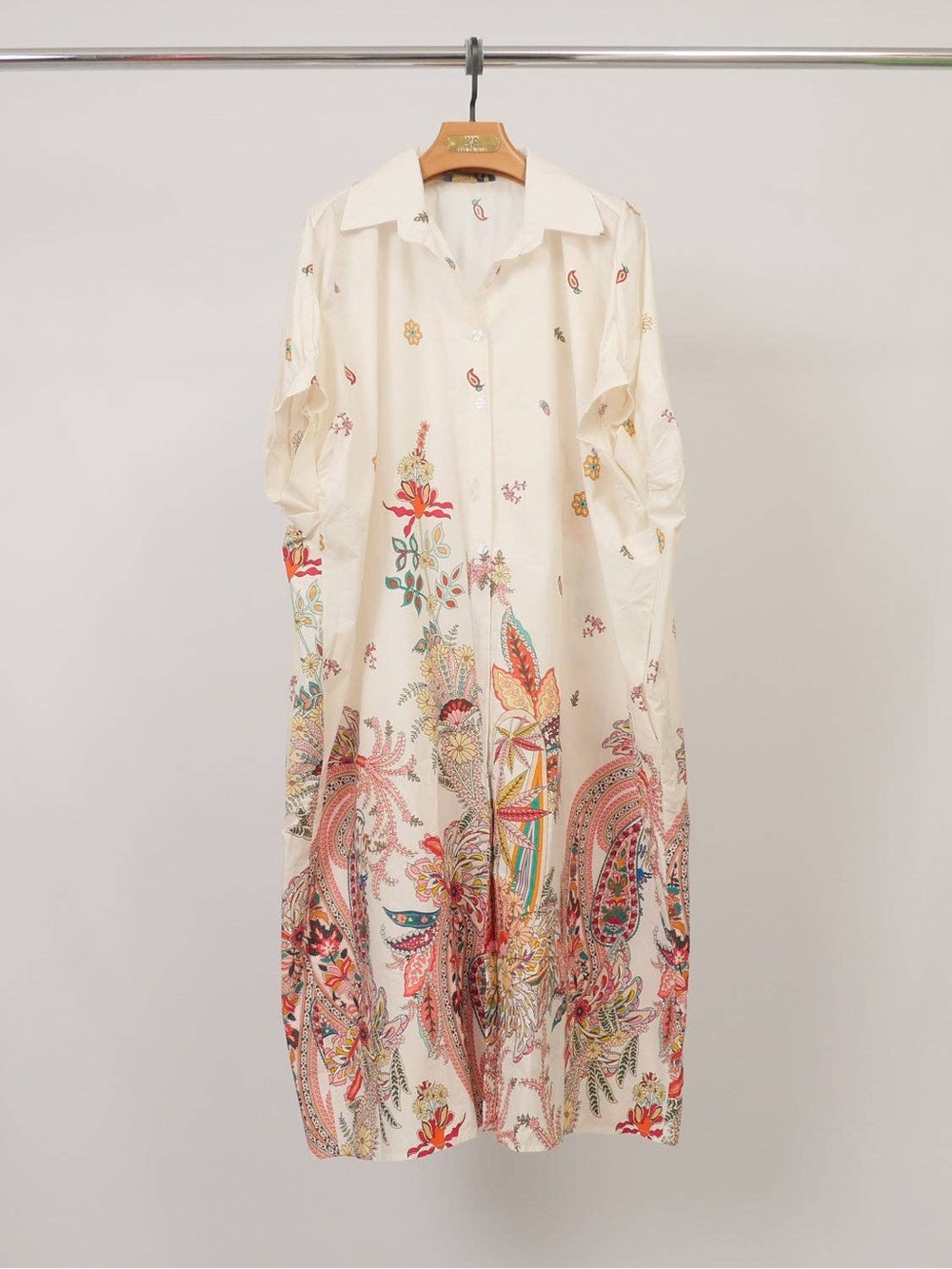 Made In Italy-Cream Paisley Floral Button-Up Dress